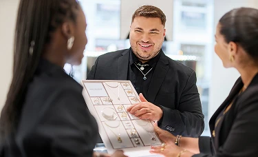 A smiling man in a black suit shows a display of necklaces and rings to two women in a jewelry store context of grow
